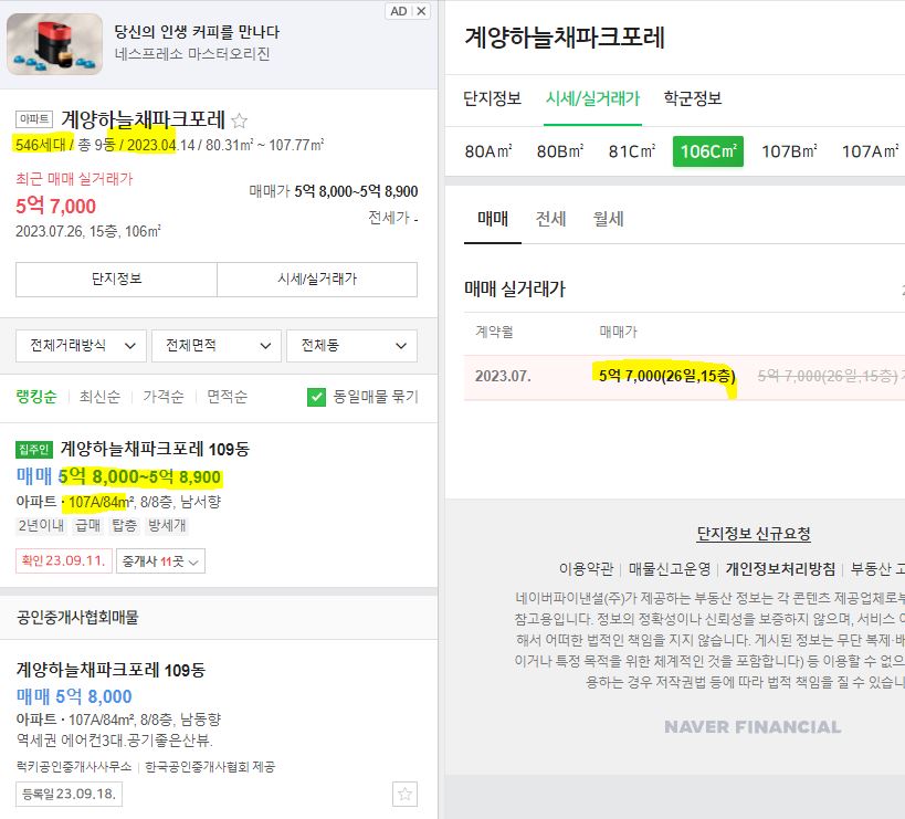 계양하늘채파크포레 실거래가와 호가