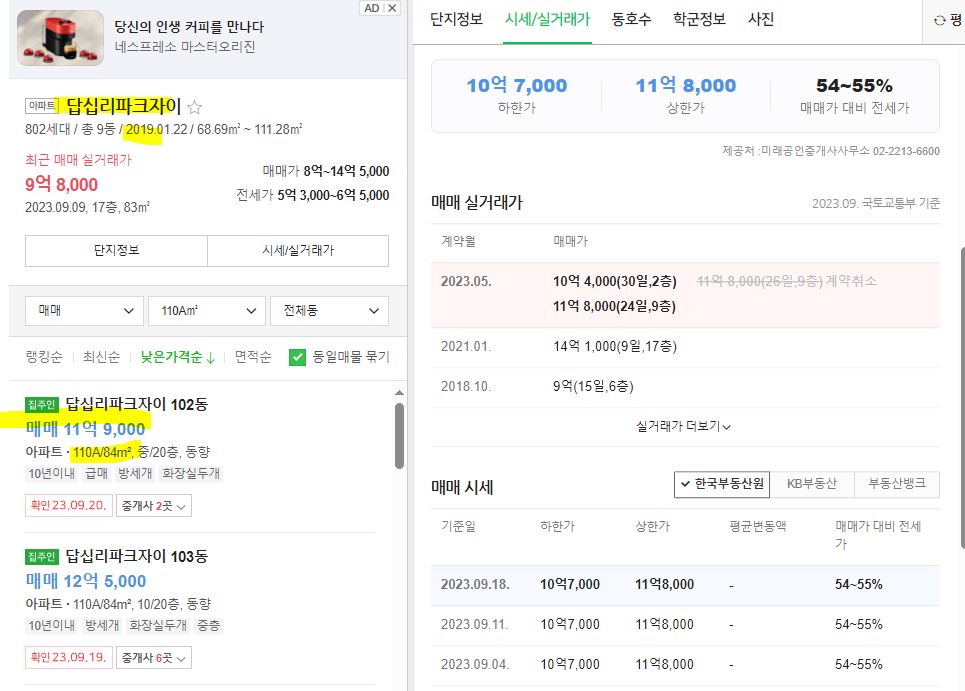 답십리 파크자이 호가 및 실거래가