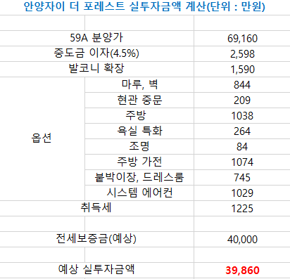 안양자이 더 포레스트 59A 실투자자금