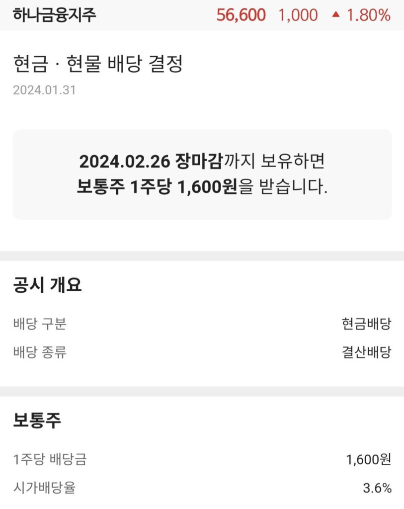 2024년 은행별 배당금과 배당기준일(배당락), 배당율 정리