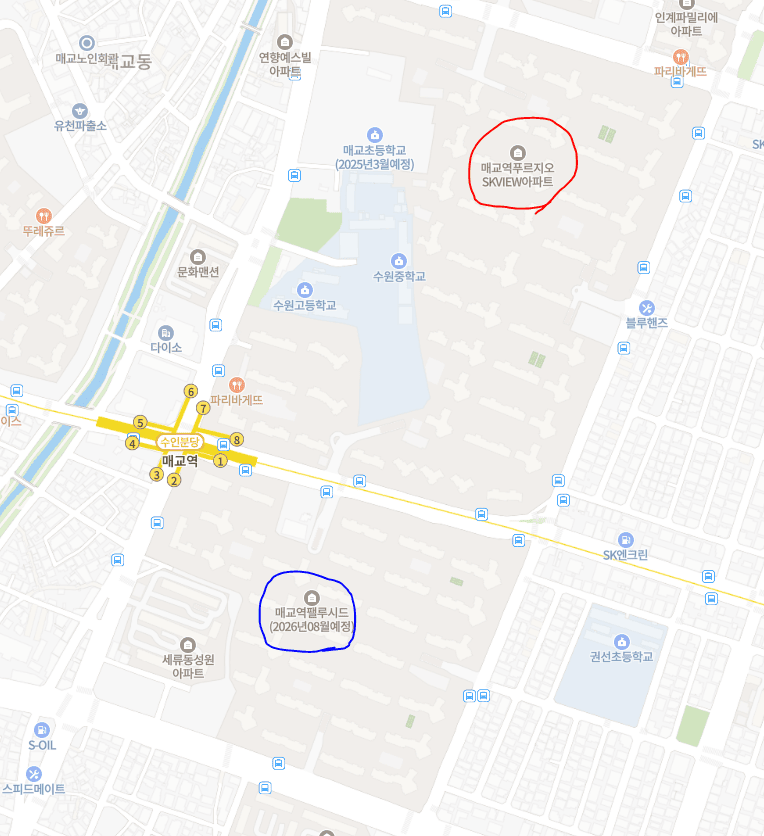 매교역푸르지오SK뷰와 매교역팰루시드 위치