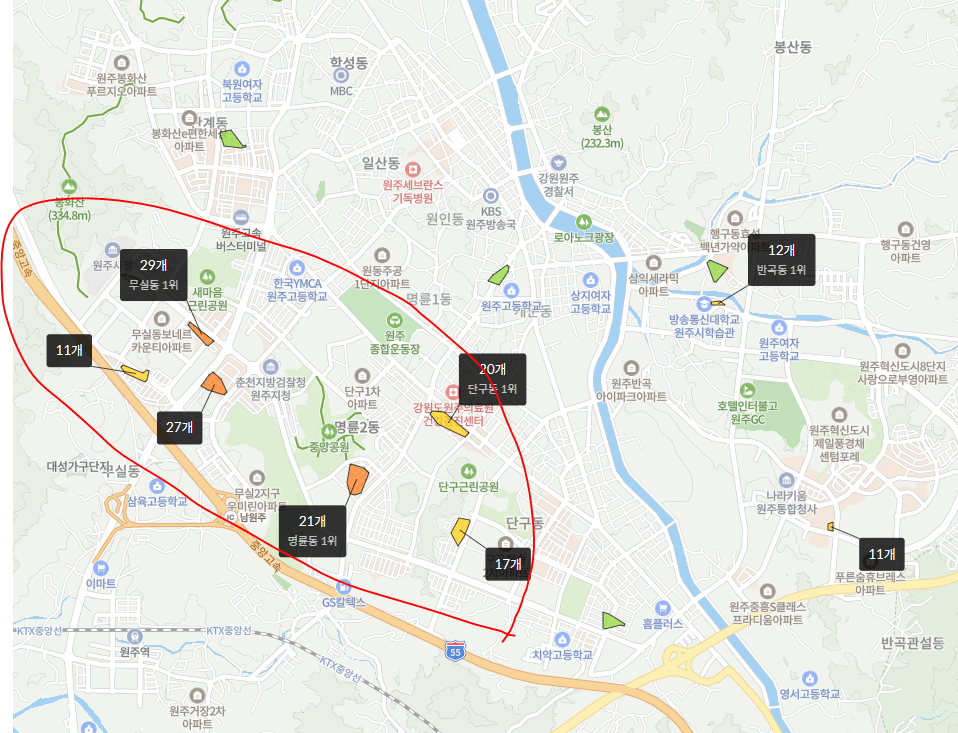 원주시 학원가 분포