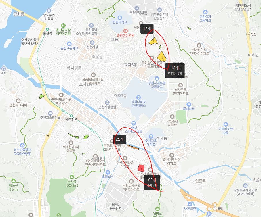 춘천시 학원가 분포