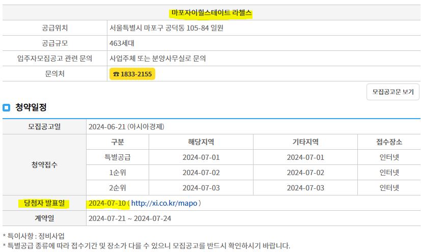 마포자이힐스테이트 라첼스 당첨자 발표일