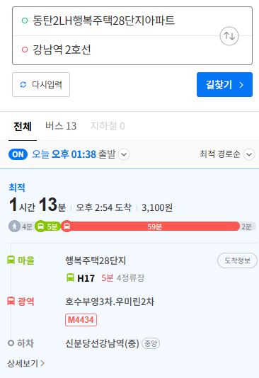 동탄행복주택 28단지에서 강남역까지 소요 시간