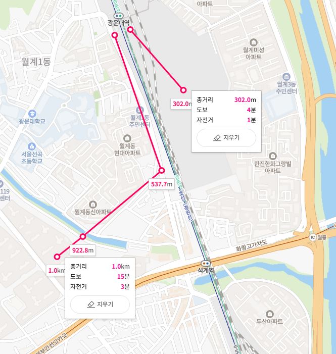 광운대역에서 푸르지오 라디우스 파크와 아이파크 서울원까지 거리