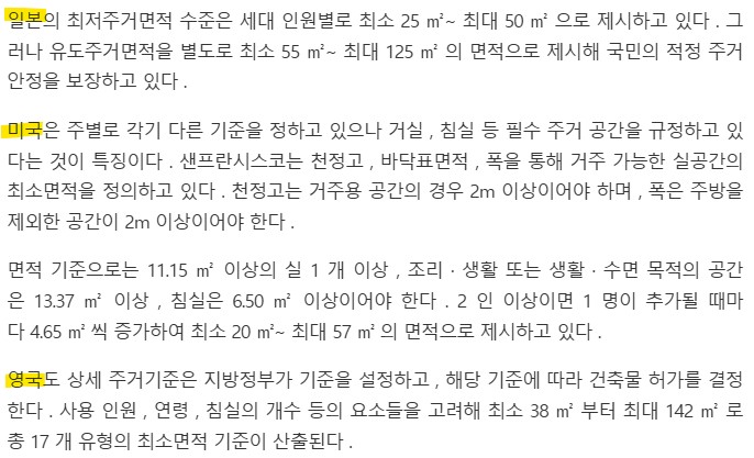 각 나라들의 최저주거면적 기준 관련 내용