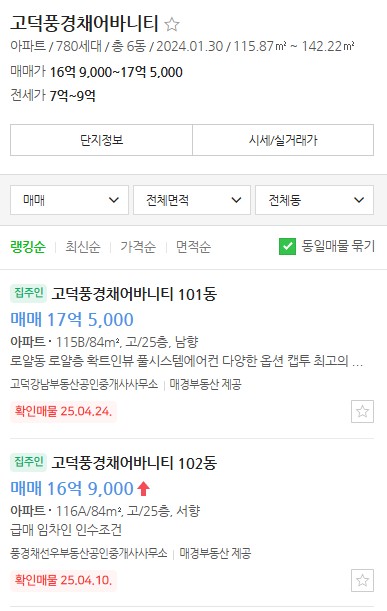 고덕풍경채 어바니티 시세