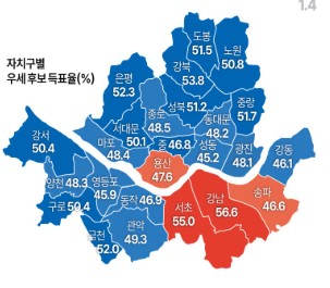 21대 대선 서울 자치구별 우세 후보 득표율