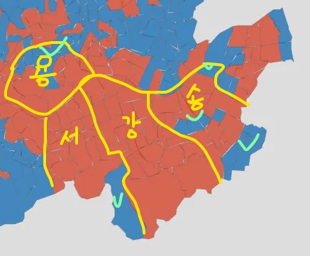강남3구와 용산구 중 이재명이 승리한 동지역