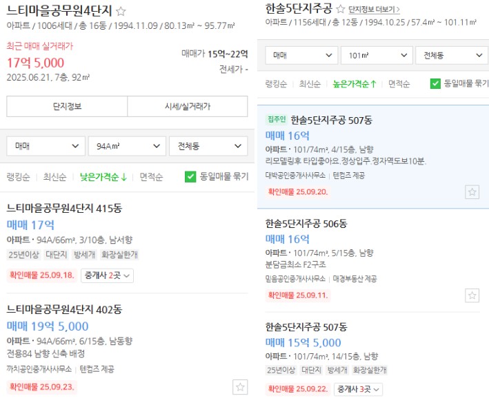느티마을 4단지 27평과 한솔 5단지 30평 호가 비교